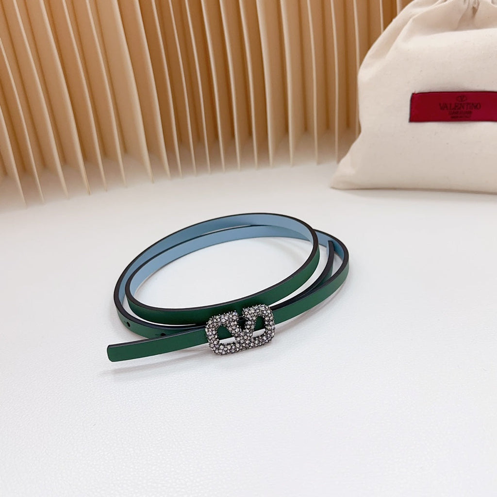 VALENTINO VL Belt 8mm Buckle Silver Diamond Leather Green Cloud Blue