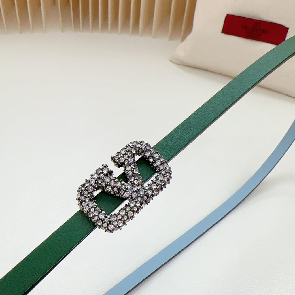 VALENTINO VL Belt 8mm Buckle Silver Diamond Leather Green Cloud Blue