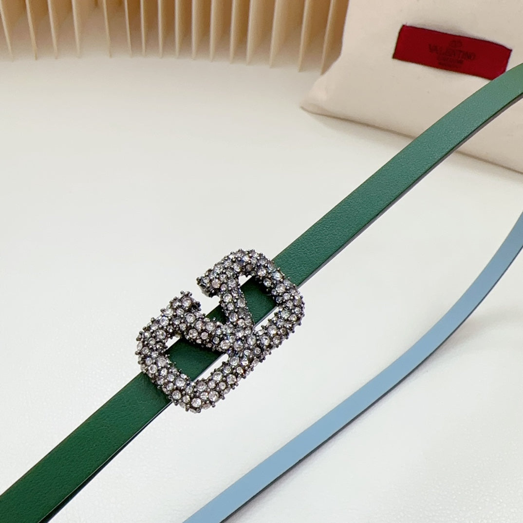VALENTINO VL Belt 8mm Buckle Silver Diamond Leather Green Cloud Blue