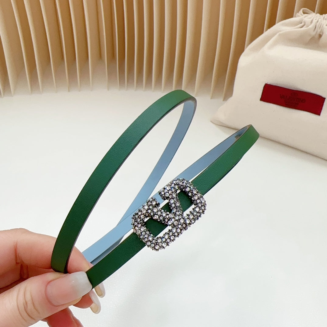 VALENTINO VL Belt 8mm Buckle Silver Diamond Leather Green Cloud Blue