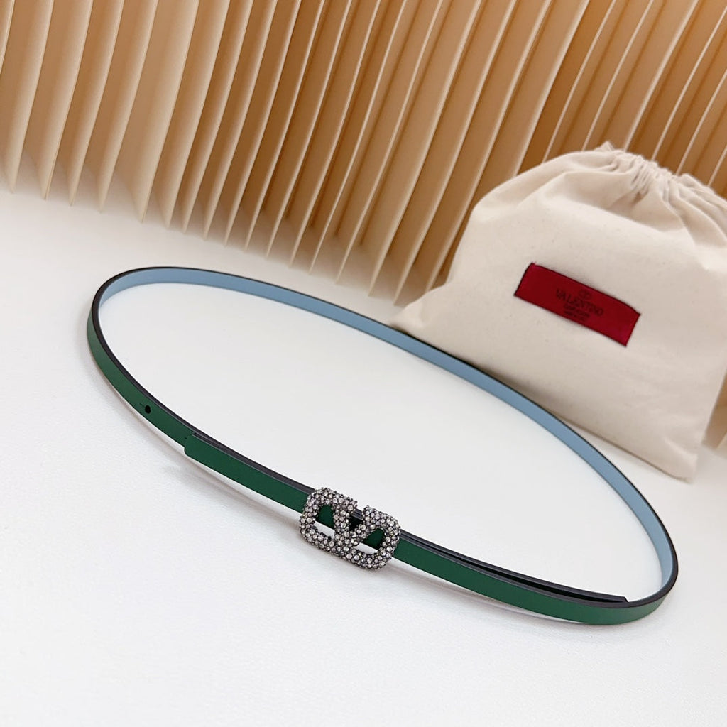 VALENTINO VL Belt 8mm Buckle Silver Diamond Leather Green Cloud Blue