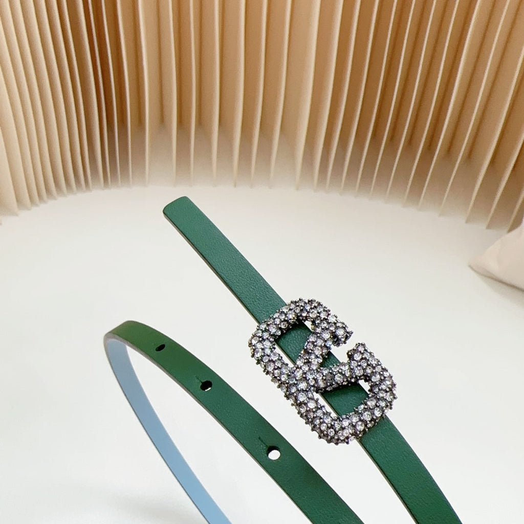 VALENTINO VL Belt 8mm Buckle Silver Diamond Leather Green Cloud Blue