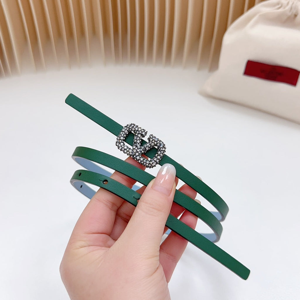 VALENTINO VL Belt 8mm Buckle Silver Diamond Leather Green Cloud Blue