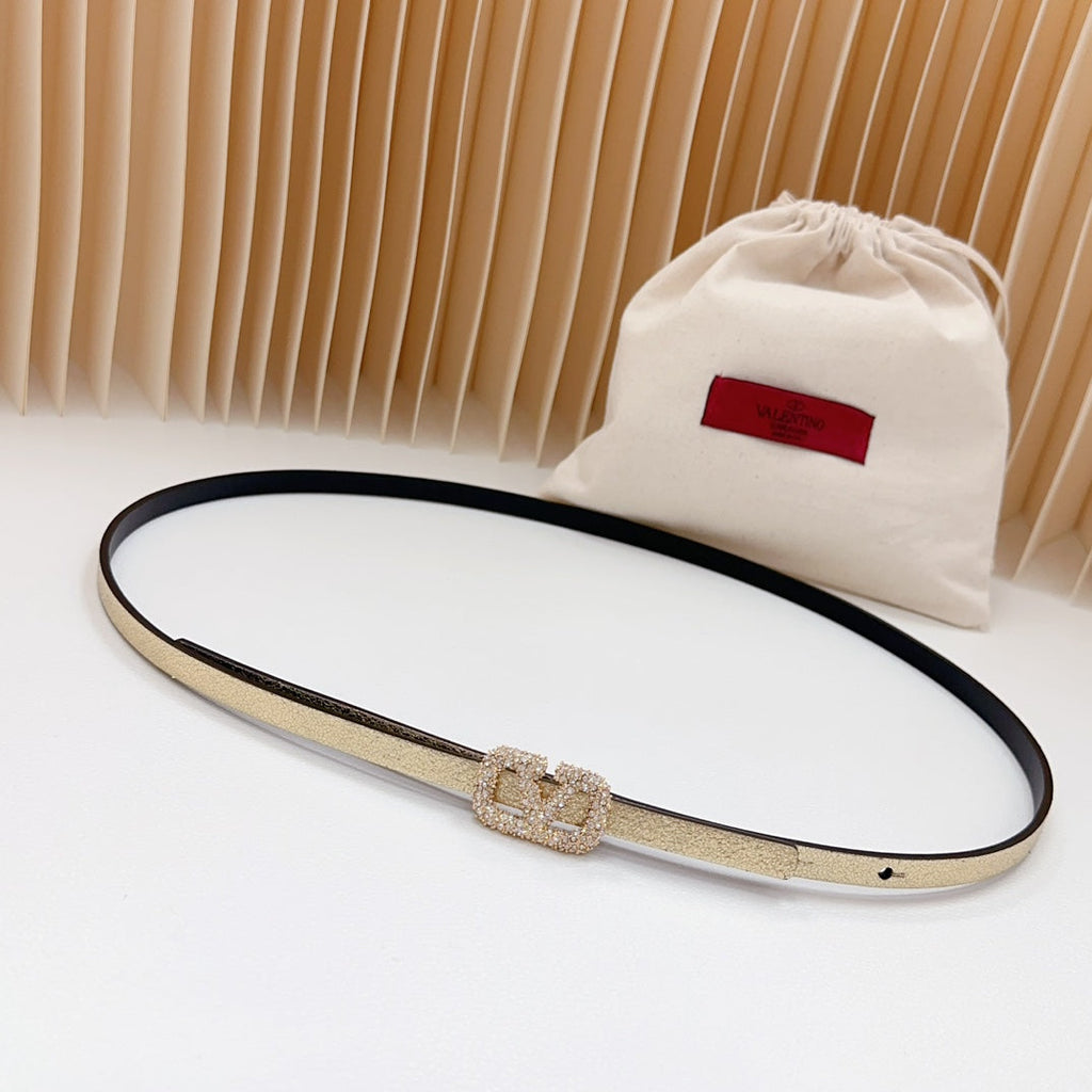 VALENTINO VL Belt 8mm Buckle Gold Diamond Leather Gold Black