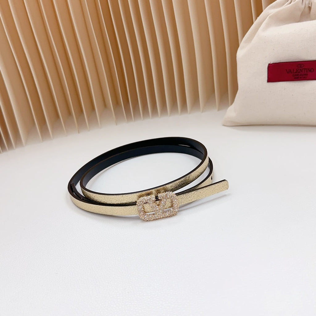 VALENTINO VL Belt 8mm Buckle Gold Diamond Leather Gold Black