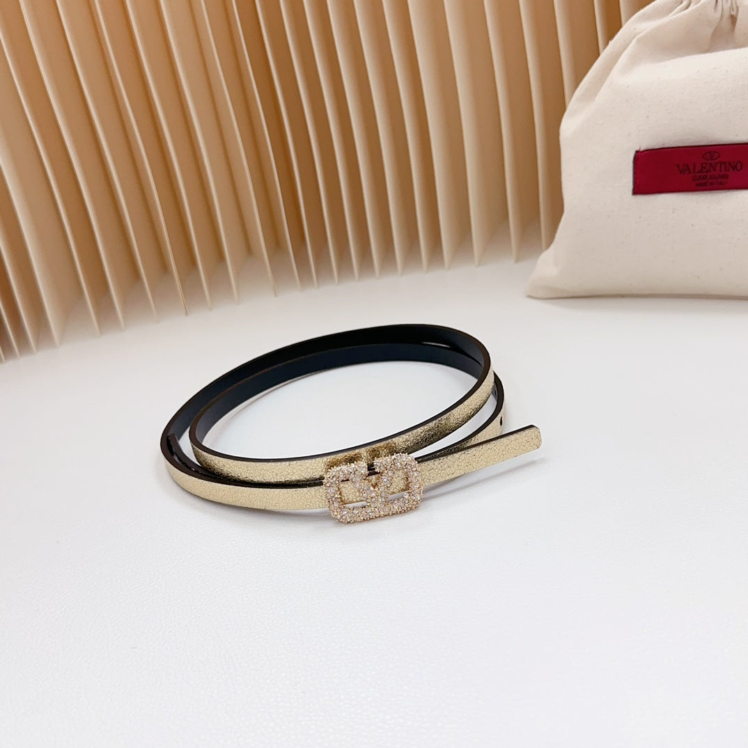 VALENTINO VL Belt 8mm Buckle Gold Diamond Leather Gold Black