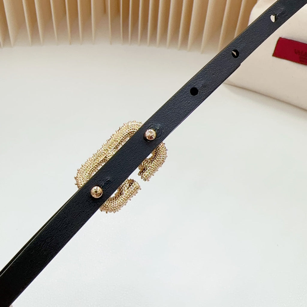 VALENTINO VL Belt 8mm Buckle Gold Diamond Leather Gold Black