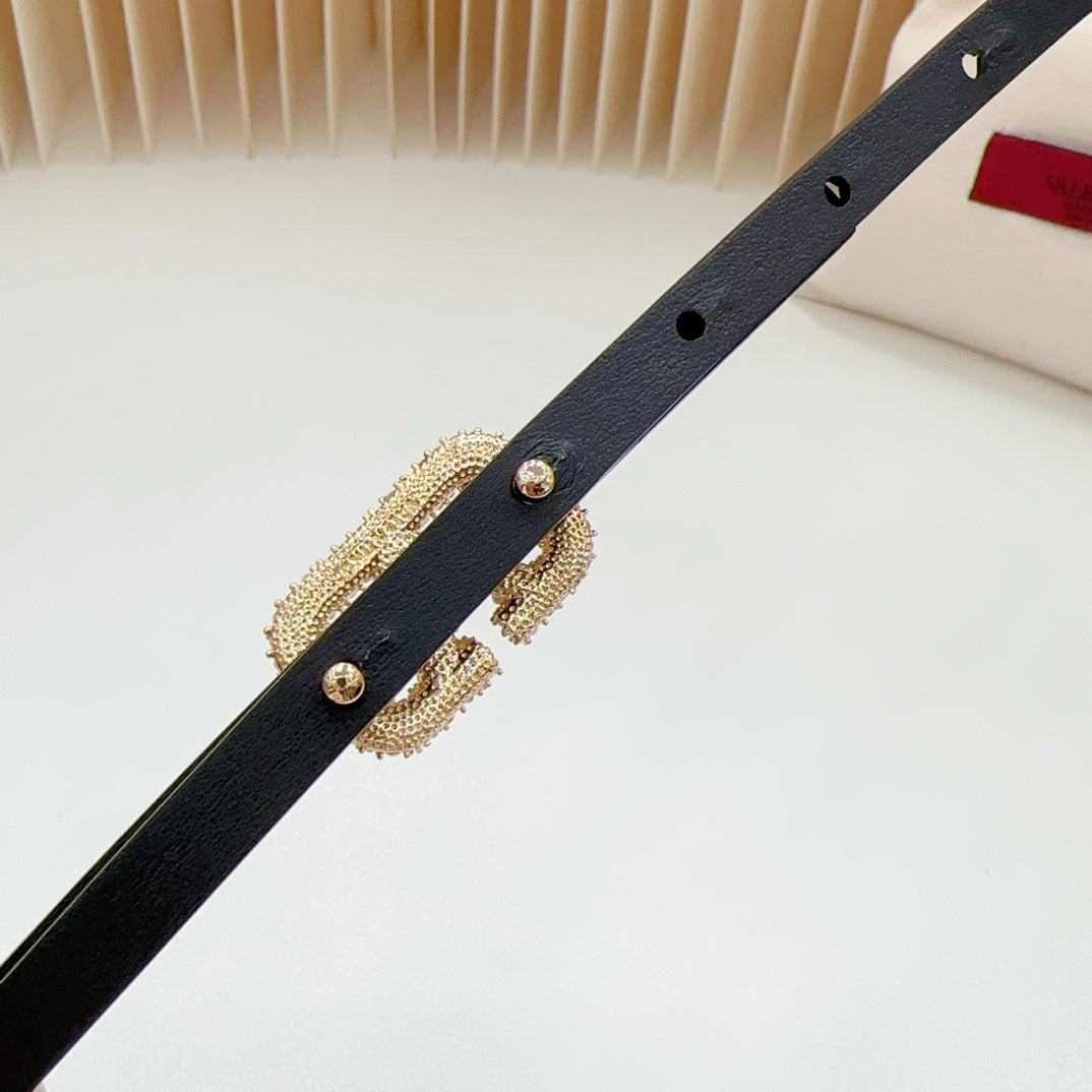 VALENTINO VL Belt 8mm Buckle Gold Diamond Leather Gold Black