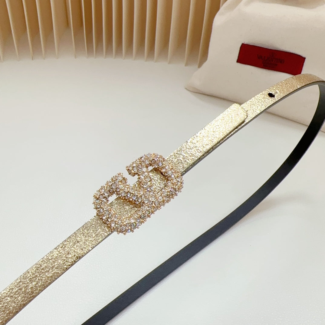 VALENTINO VL Belt 8mm Buckle Gold Diamond Leather Gold Black