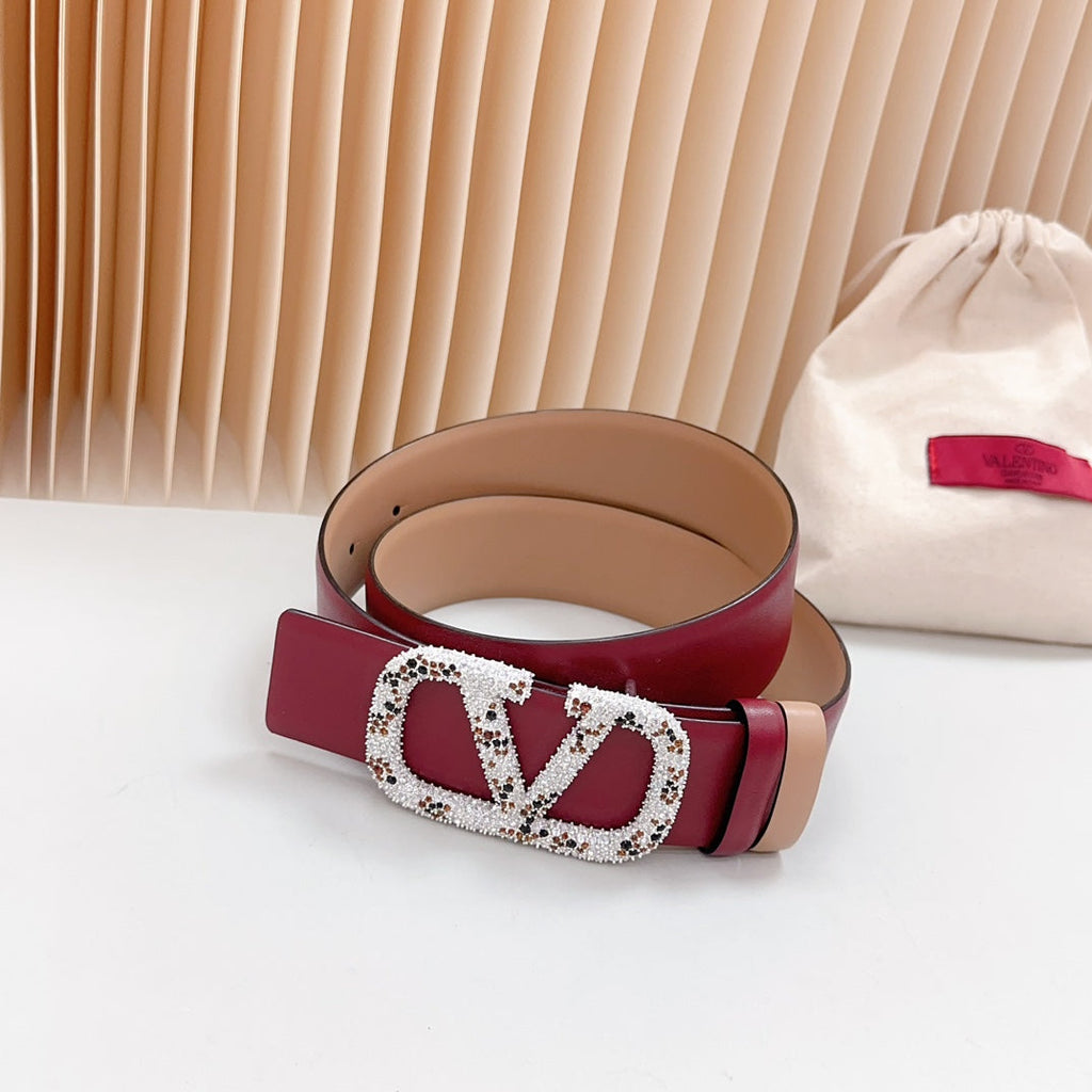 VALENTINO Vlogo Brown Black White Stone Silver Buckle Belt 40mm Wine Beige Leather