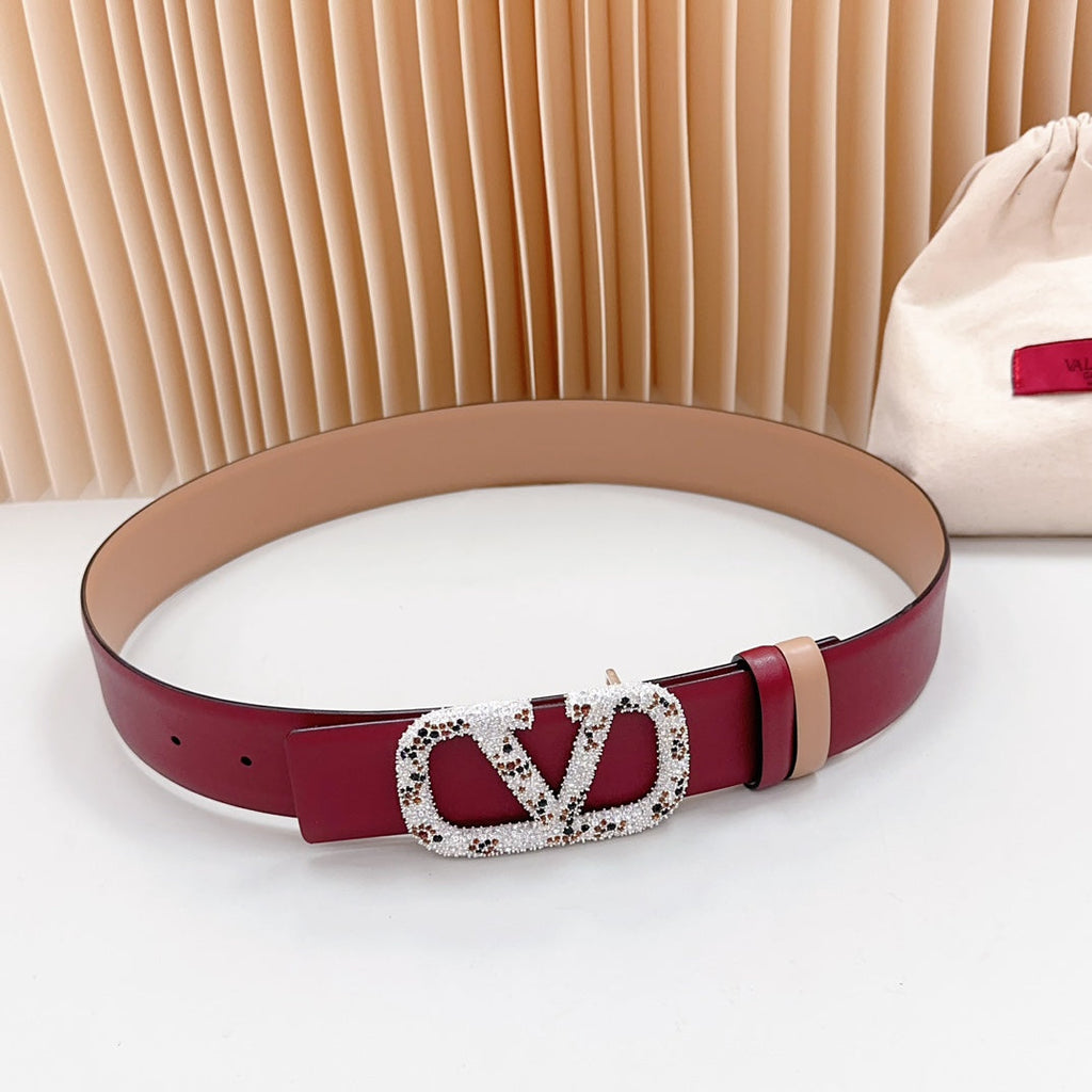 VALENTINO Vlogo Brown Black White Stone Silver Buckle Belt 40mm Wine Beige Leather