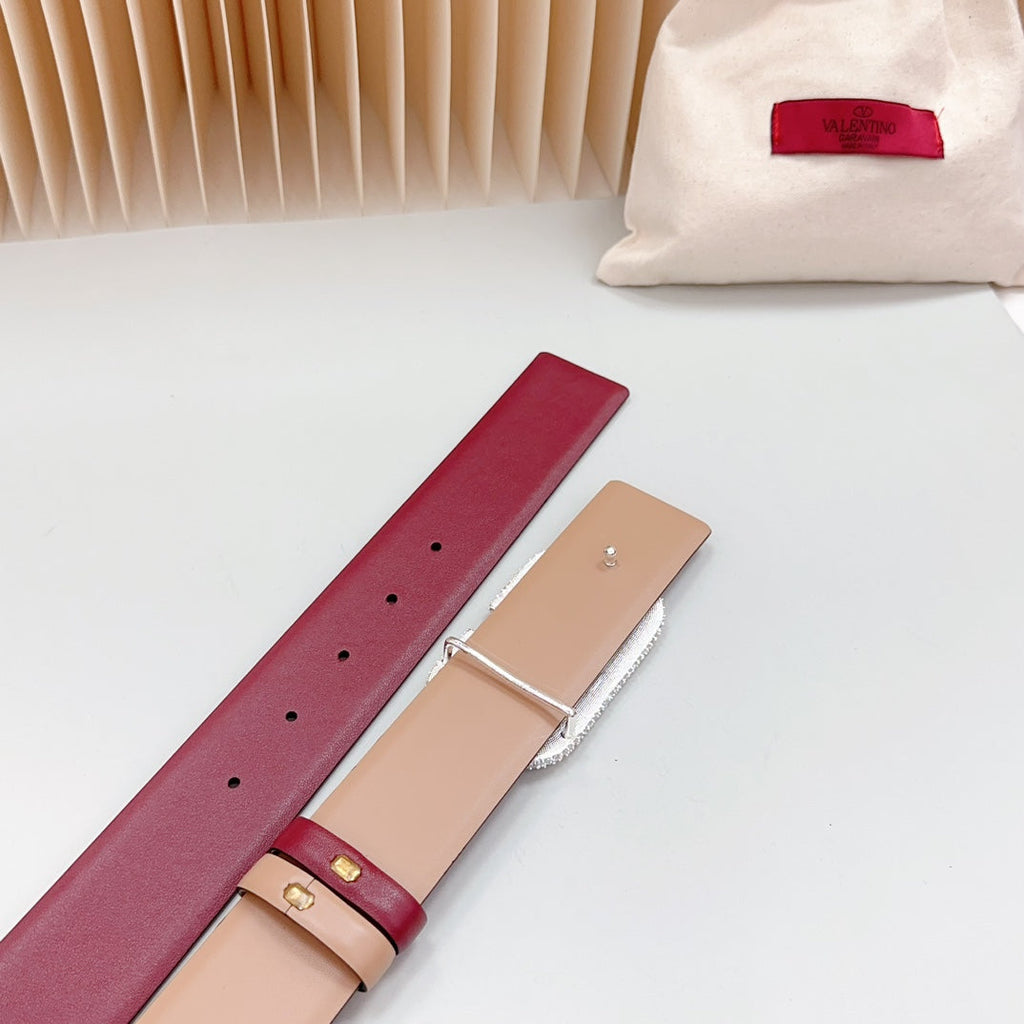 VALENTINO Vlogo Brown Black White Stone Silver Buckle Belt 40mm Wine Beige Leather