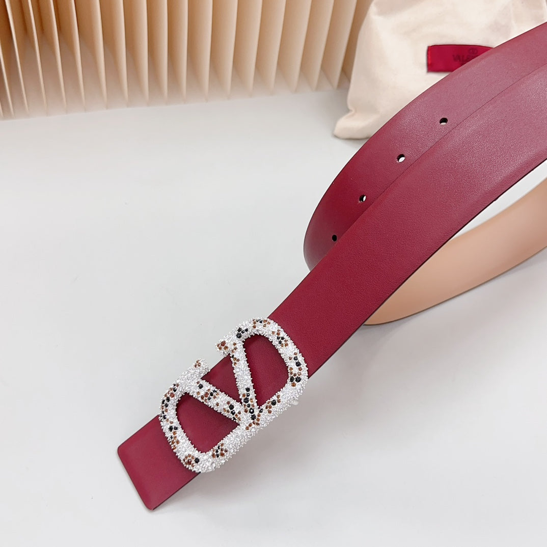 VALENTINO Vlogo Brown Black White Stone Silver Buckle Belt 40mm Wine Beige Leather