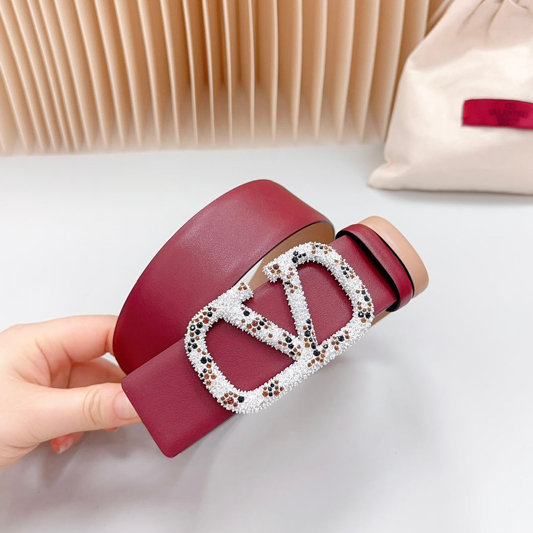 VALENTINO Vlogo Brown Black White Stone Silver Buckle Belt 40mm Wine Beige Leather
