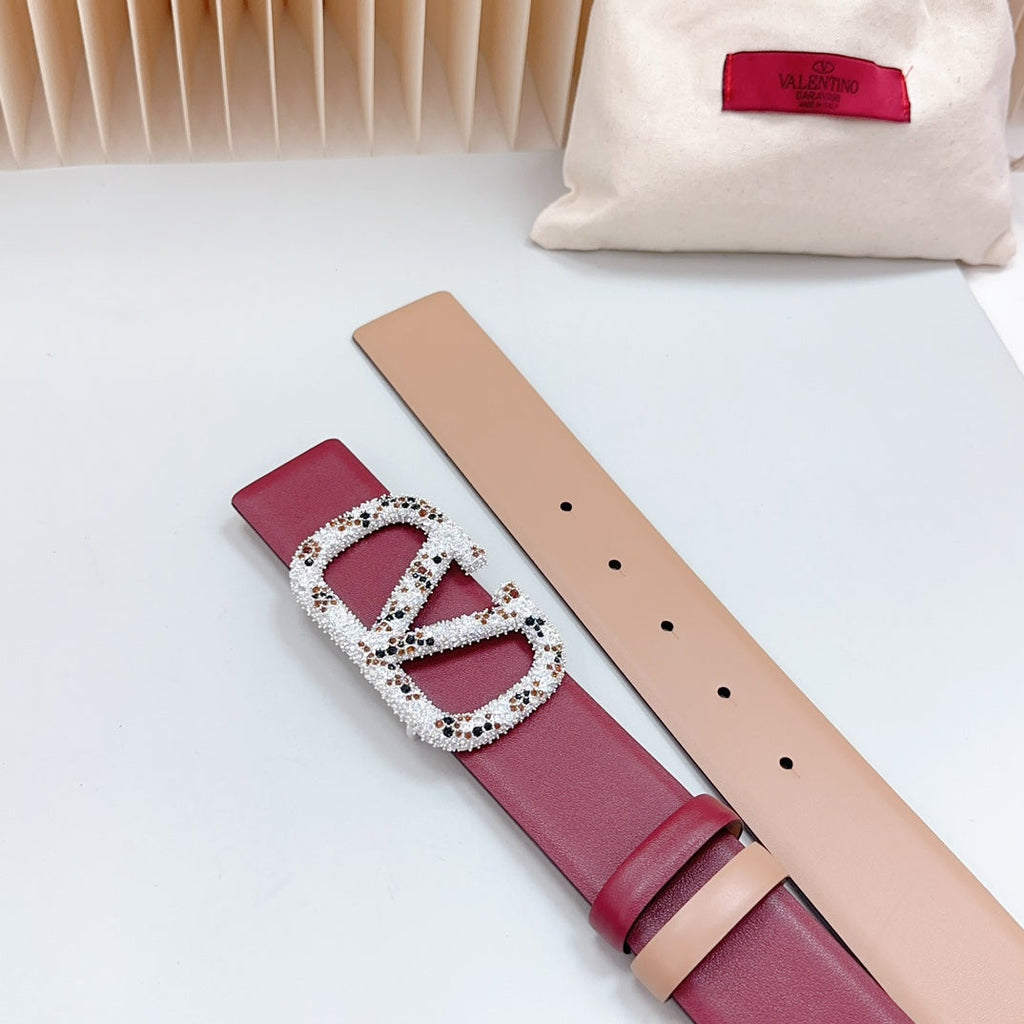 VALENTINO Vlogo Brown Black White Stone Silver Buckle Belt 40mm Wine Beige Leather