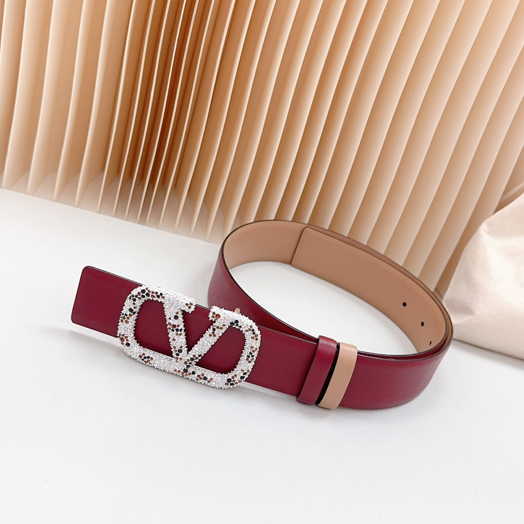 VALENTINO Vlogo Brown Black White Stone Silver Buckle Belt 40mm Wine Beige Leather