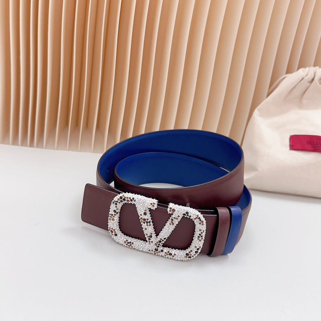 VALENTINO Vlogo Brown Black White Stone Silver Buckle Belt 40mm Chocolate Blue Leather