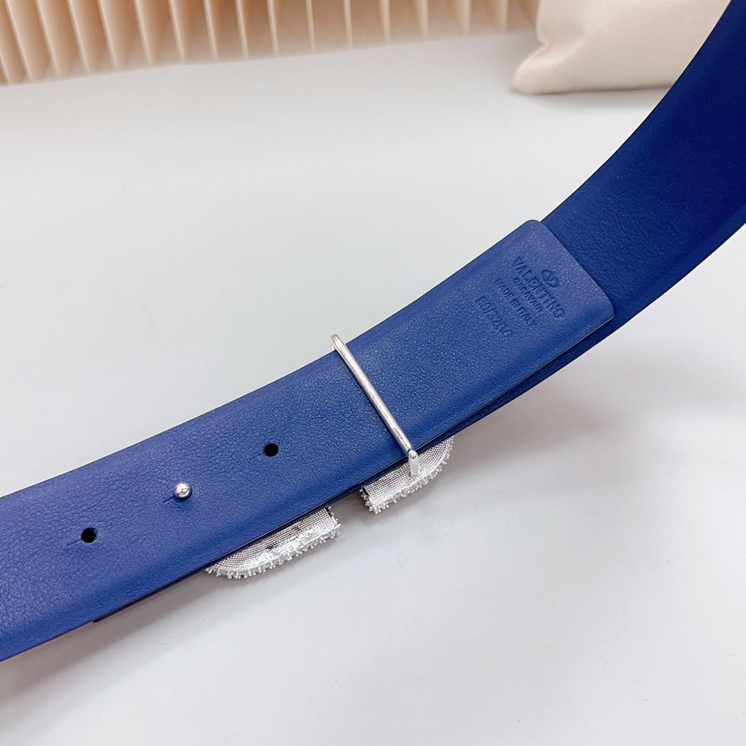 VALENTINO Vlogo Brown Black White Stone Silver Buckle Belt 40mm Chocolate Blue Leather