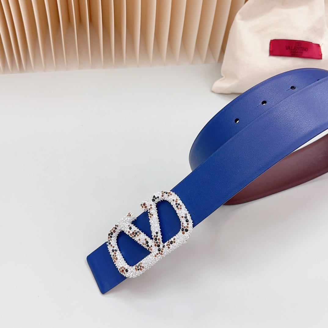 VALENTINO Vlogo Brown Black White Stone Silver Buckle Belt 40mm Chocolate Blue Leather