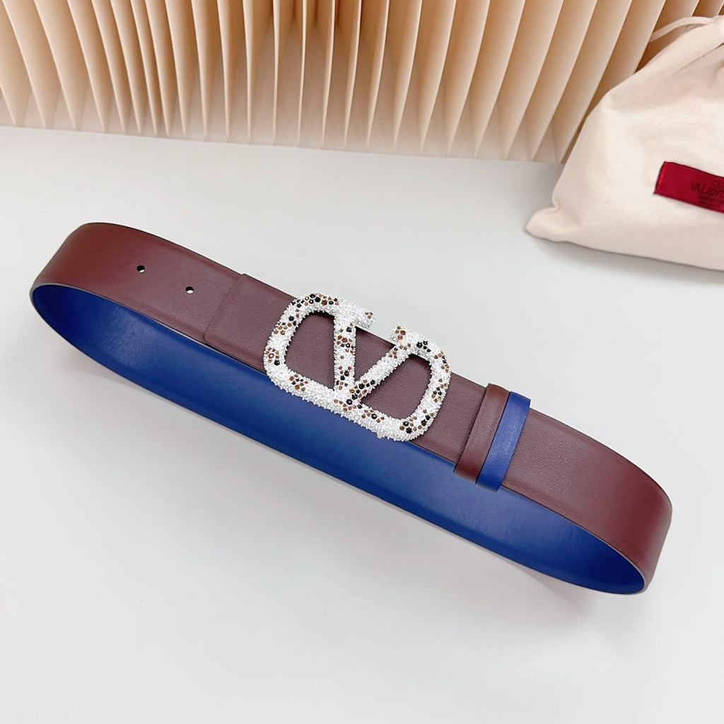 VALENTINO Vlogo Brown Black White Stone Silver Buckle Belt 40mm Chocolate Blue Leather