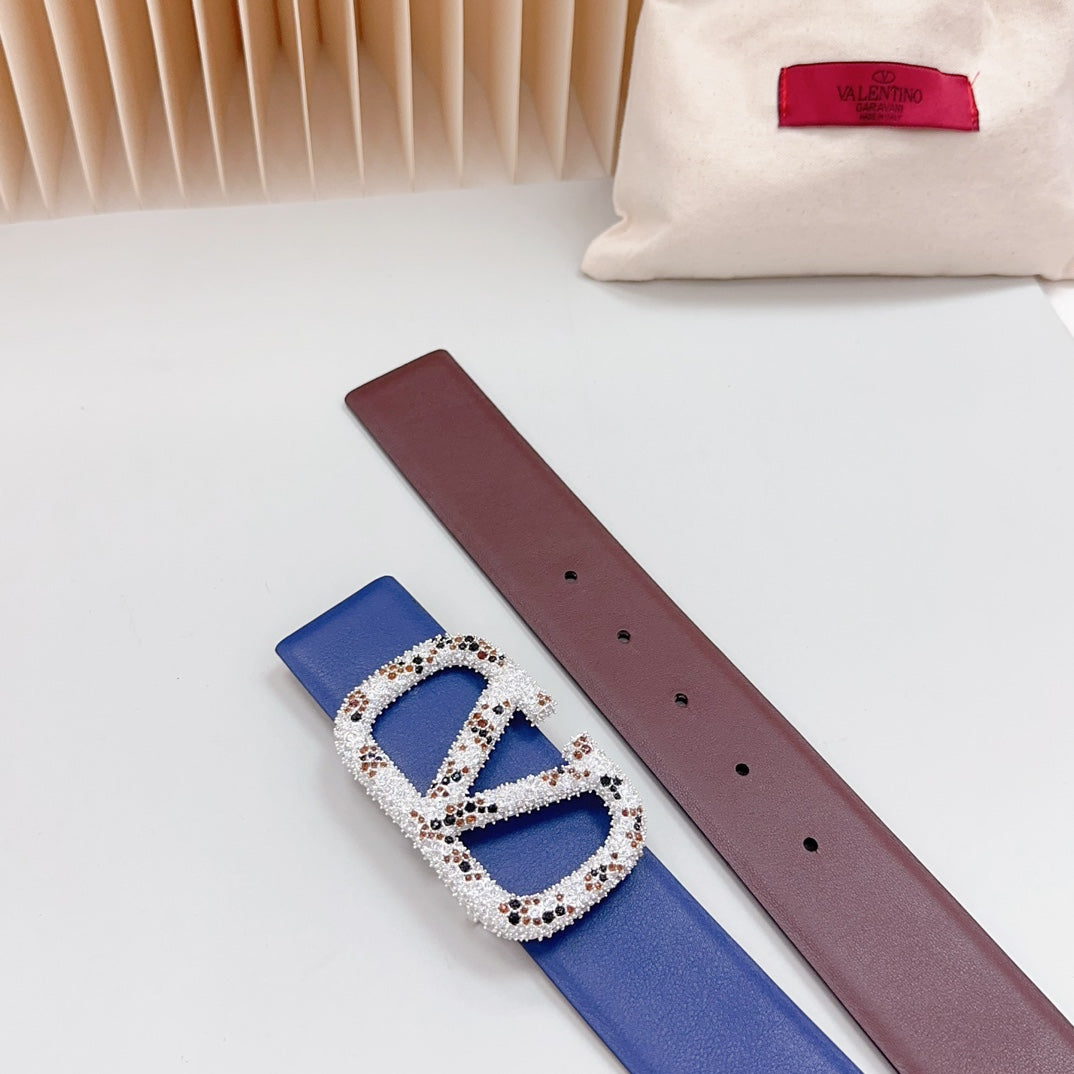 VALENTINO Vlogo Brown Black White Stone Silver Buckle Belt 40mm Chocolate Blue Leather