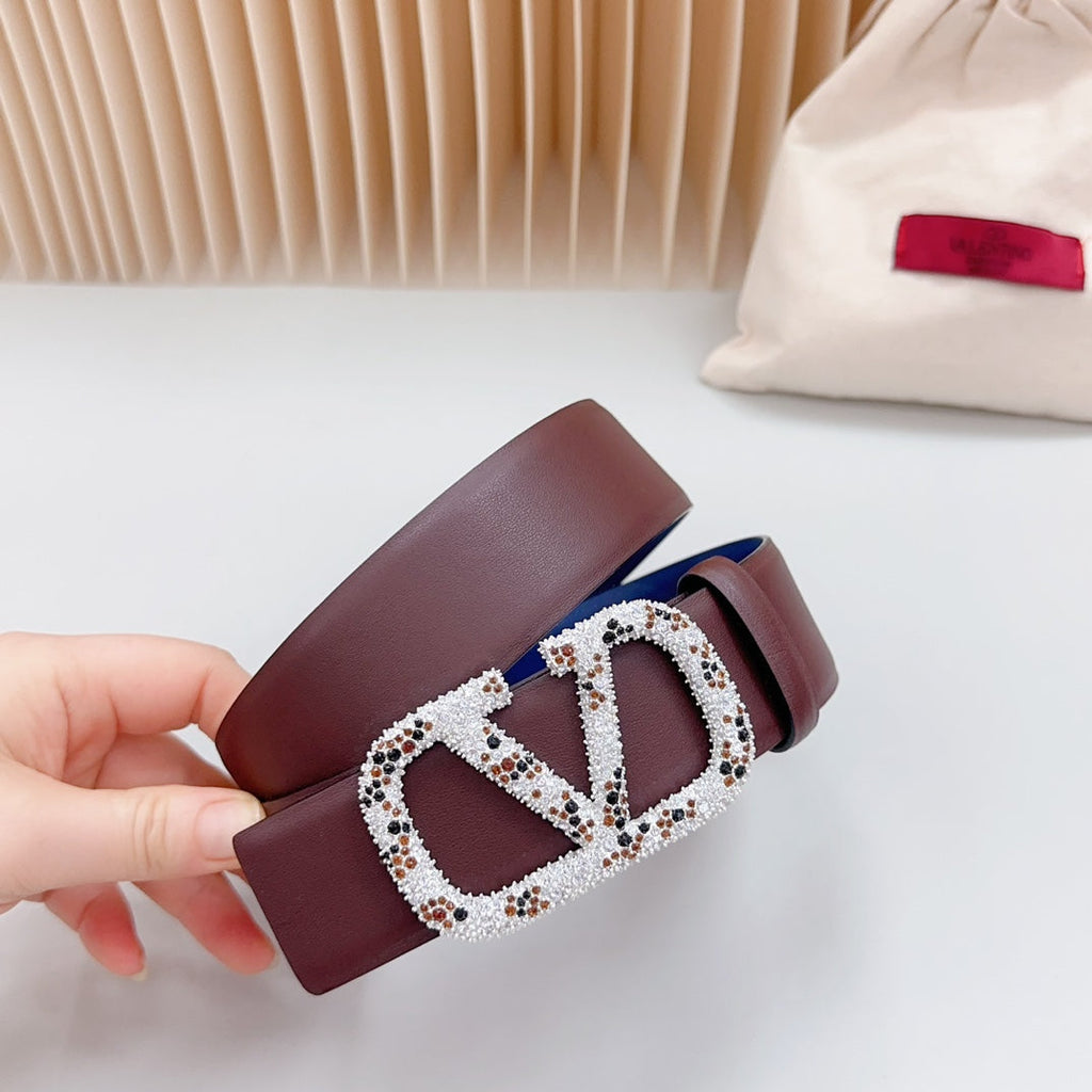 VALENTINO Vlogo Brown Black White Stone Silver Buckle Belt 40mm Chocolate Blue Leather