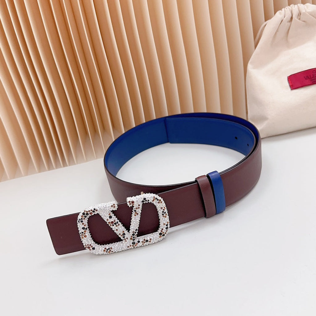VALENTINO Vlogo Brown Black White Stone Silver Buckle Belt 40mm Chocolate Blue Leather