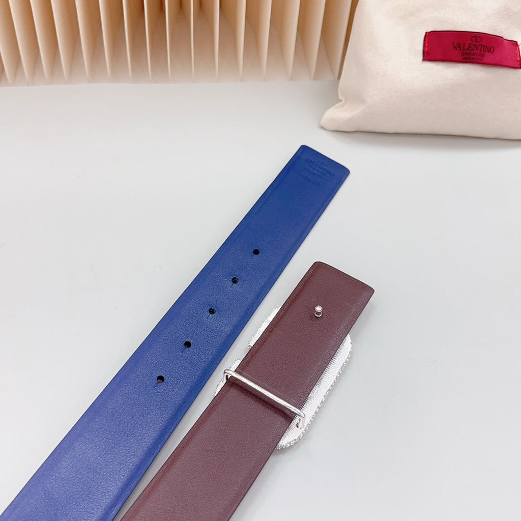 VALENTINO Vlogo Brown Black White Stone Silver Buckle Belt 40mm Chocolate Blue Leather