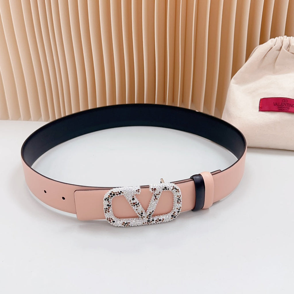 VALENTINO Vlogo Brown Black White Stone Silver Buckle Belt 40mm Black Light Pink Leather
