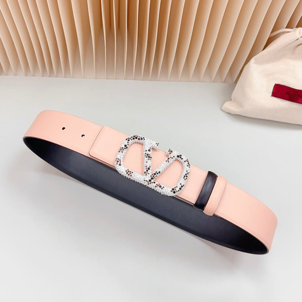 VALENTINO Vlogo Brown Black White Stone Silver Buckle Belt 40mm Black Light Pink Leather