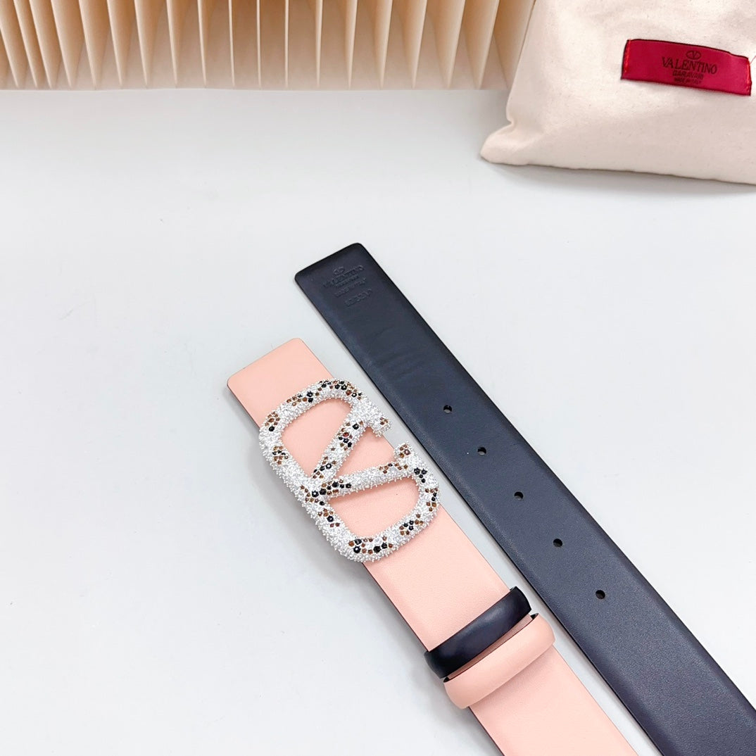 VALENTINO Vlogo Brown Black White Stone Silver Buckle Belt 40mm Black Light Pink Leather