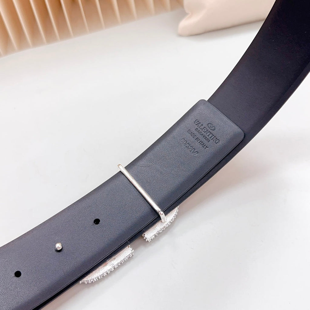 VALENTINO Vlogo Brown Black White Stone Silver Buckle Belt 40mm Black Light Pink Leather