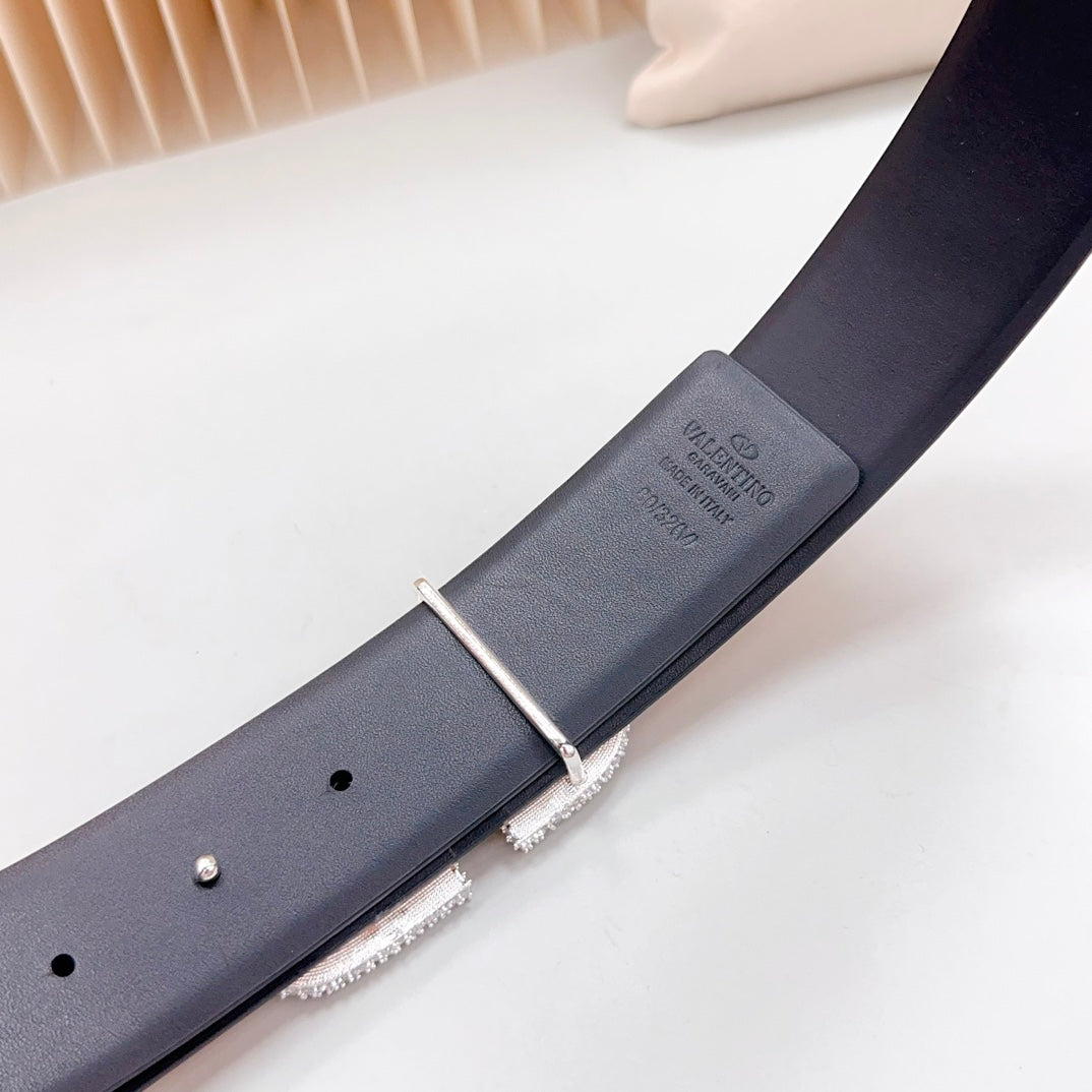 VALENTINO Vlogo Brown Black White Stone Silver Buckle Belt 40mm Black Light Pink Leather