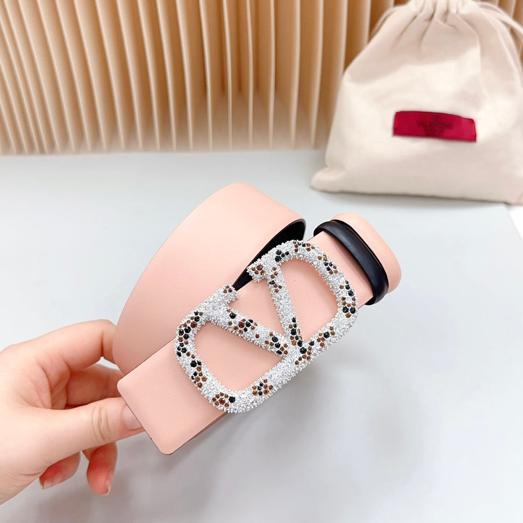 VALENTINO Vlogo Brown Black White Stone Silver Buckle Belt 40mm Black Light Pink Leather