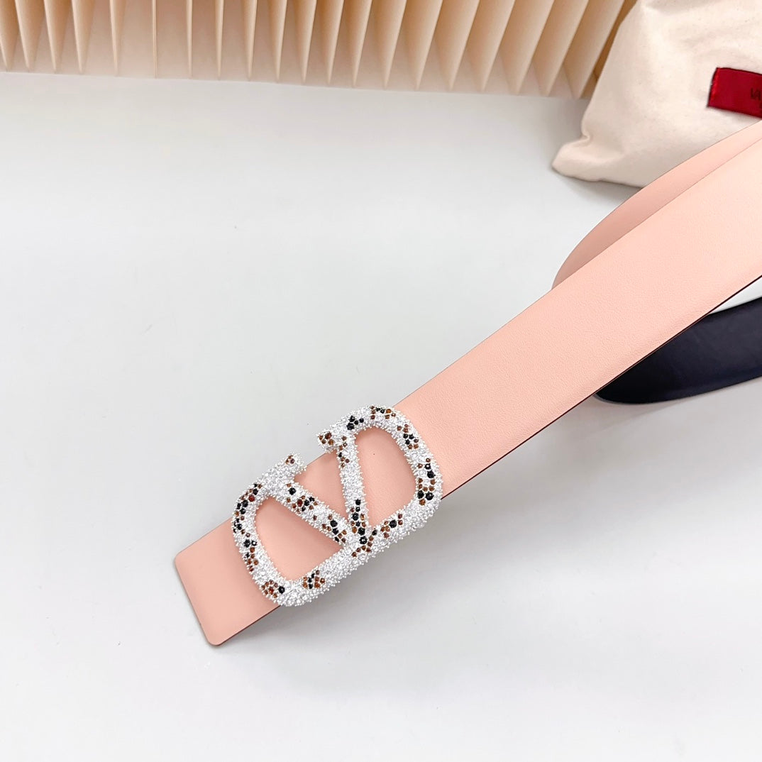 VALENTINO Vlogo Brown Black White Stone Silver Buckle Belt 40mm Black Light Pink Leather
