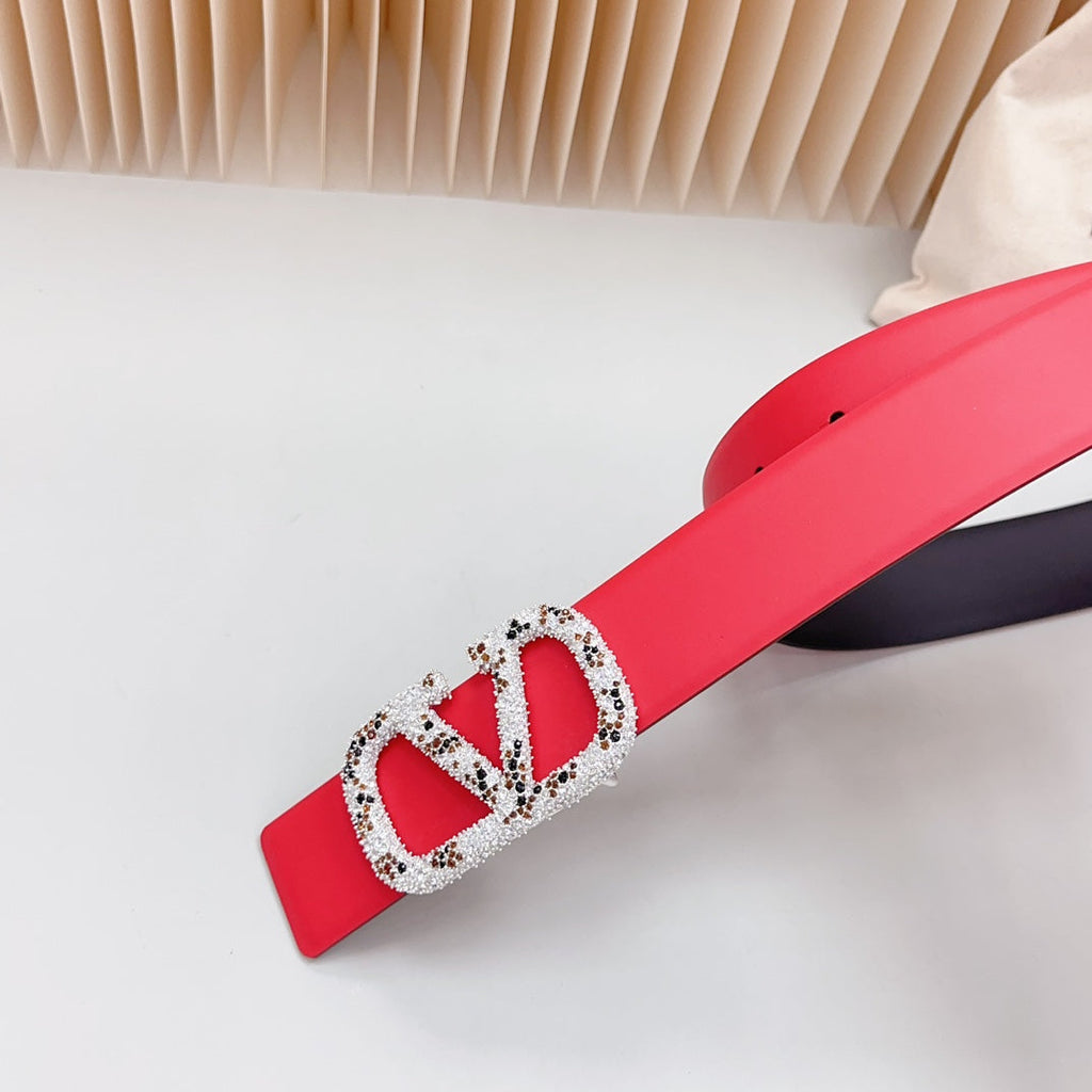 VALENTINO Vlogo Brown Black White Stone Silver Buckle Belt 40mm Red Black Leather