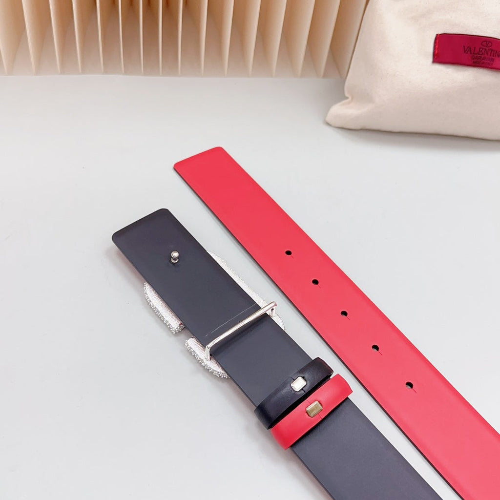 VALENTINO Vlogo Brown Black White Stone Silver Buckle Belt 40mm Red Black Leather