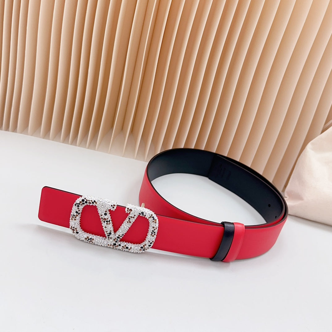 VALENTINO Vlogo Brown Black White Stone Silver Buckle Belt 40mm Red Black Leather