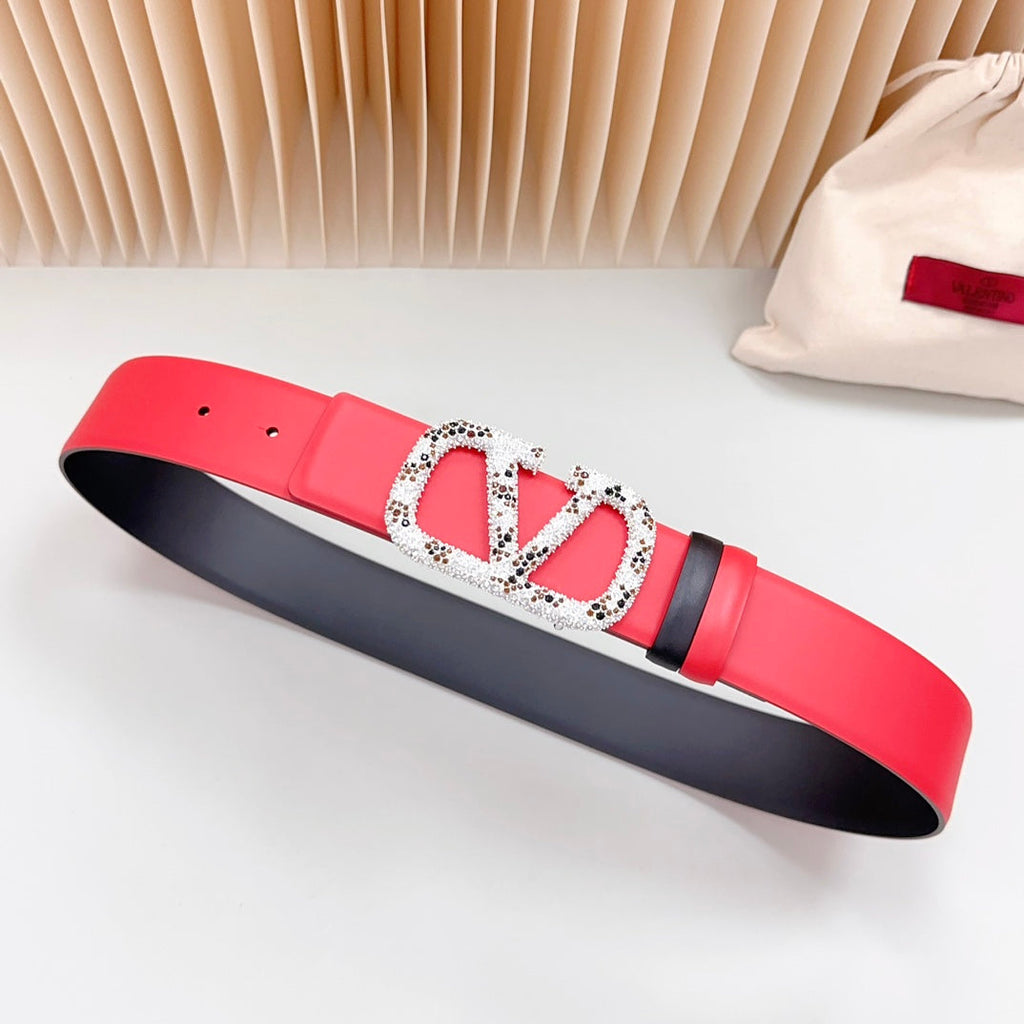 VALENTINO Vlogo Brown Black White Stone Silver Buckle Belt 40mm Red Black Leather