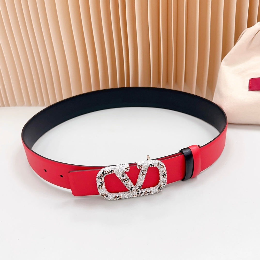 VALENTINO Vlogo Brown Black White Stone Silver Buckle Belt 40mm Red Black Leather