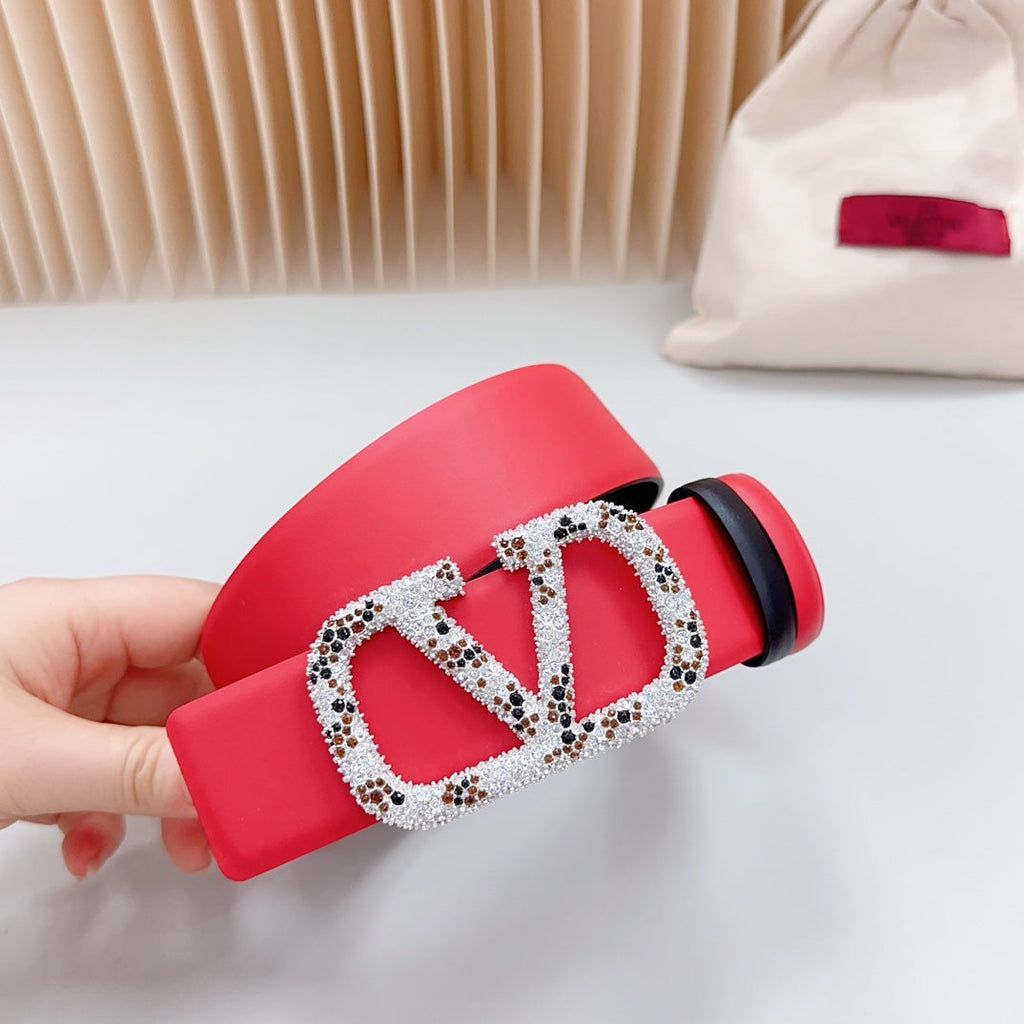 VALENTINO Vlogo Brown Black White Stone Silver Buckle Belt 40mm Red Black Leather