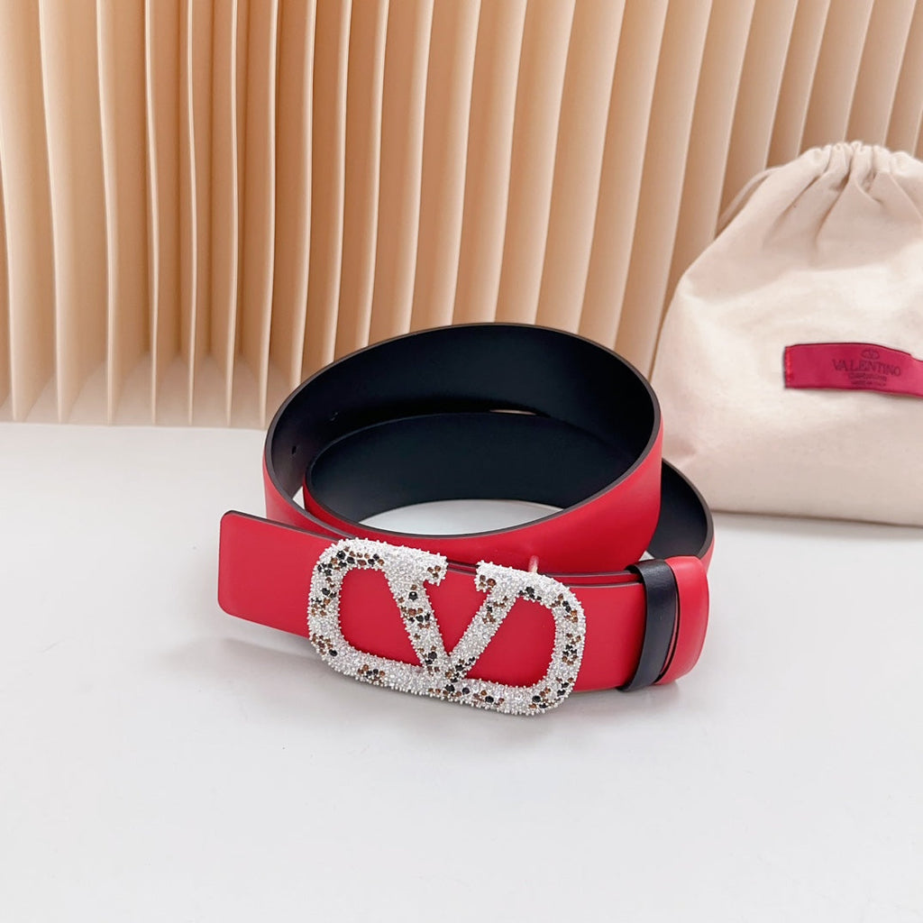 VALENTINO Vlogo Brown Black White Stone Silver Buckle Belt 40mm Red Black Leather