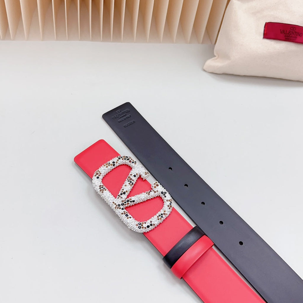 VALENTINO Vlogo Brown Black White Stone Silver Buckle Belt 40mm Red Black Leather