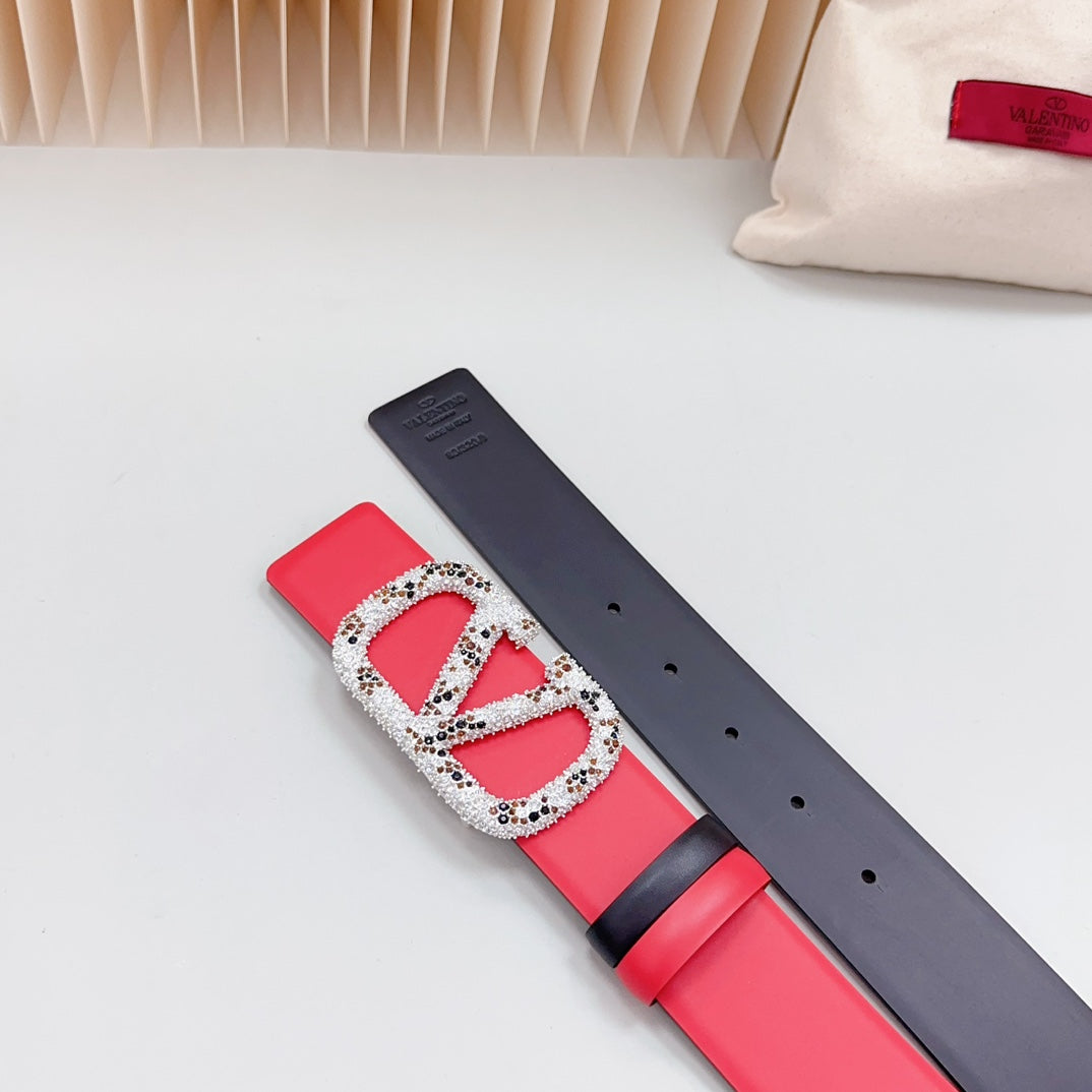VALENTINO Vlogo Brown Black White Stone Silver Buckle Belt 40mm Red Black Leather