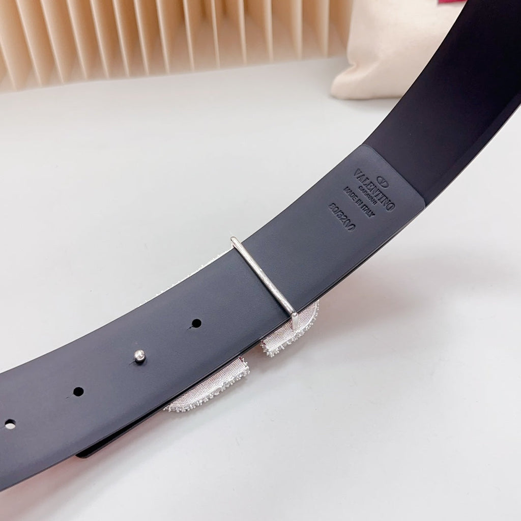 VALENTINO Vlogo Brown Black White Stone Silver Buckle Belt 40mm Red Black Leather