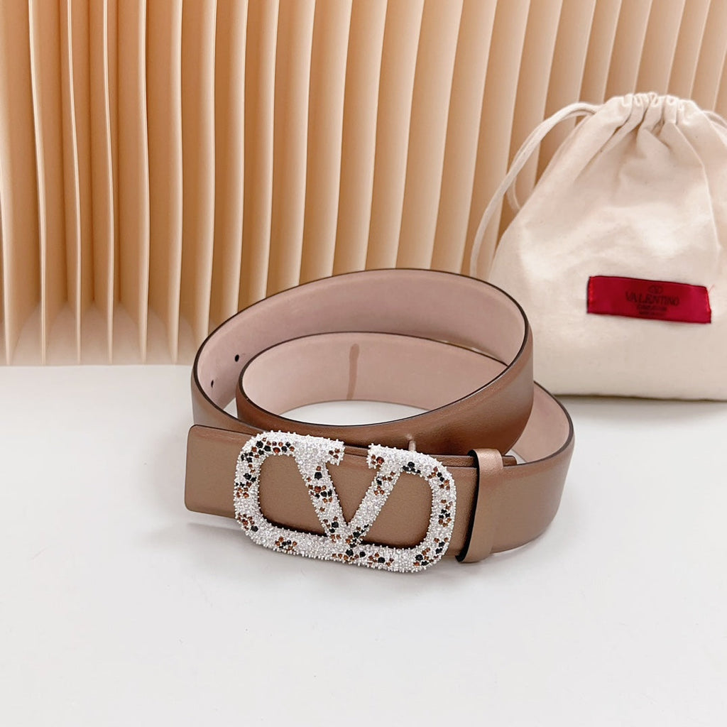 VALENTINO Vlogo Brown Black White Stone Silver Buckle Belt 40mm Brown Light Pink Leather