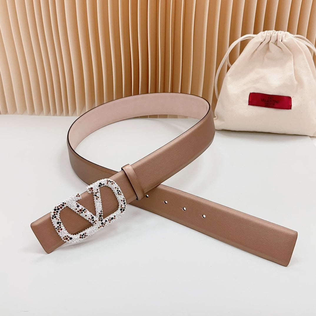 VALENTINO Vlogo Brown Black White Stone Silver Buckle Belt 40mm Brown Light Pink Leather