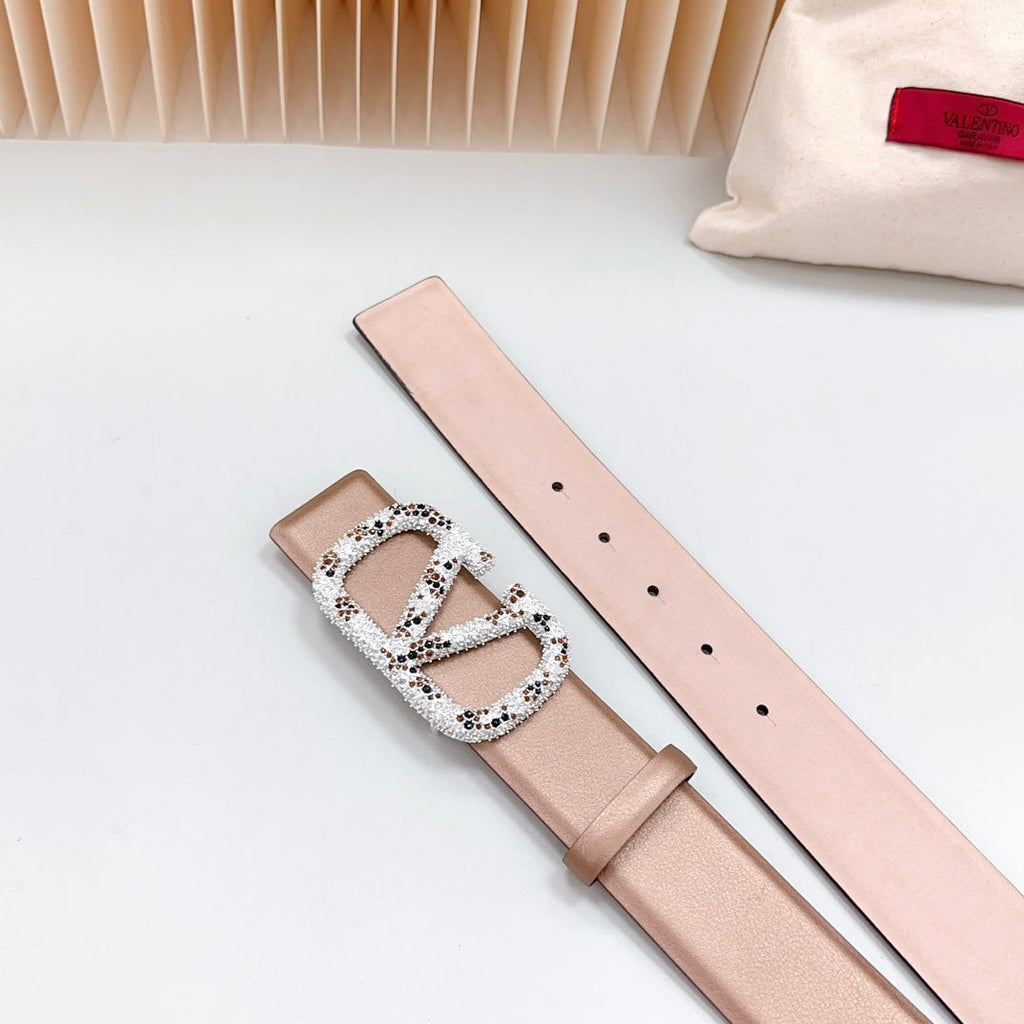 VALENTINO Vlogo Brown Black White Stone Silver Buckle Belt 40mm Brown Light Pink Leather