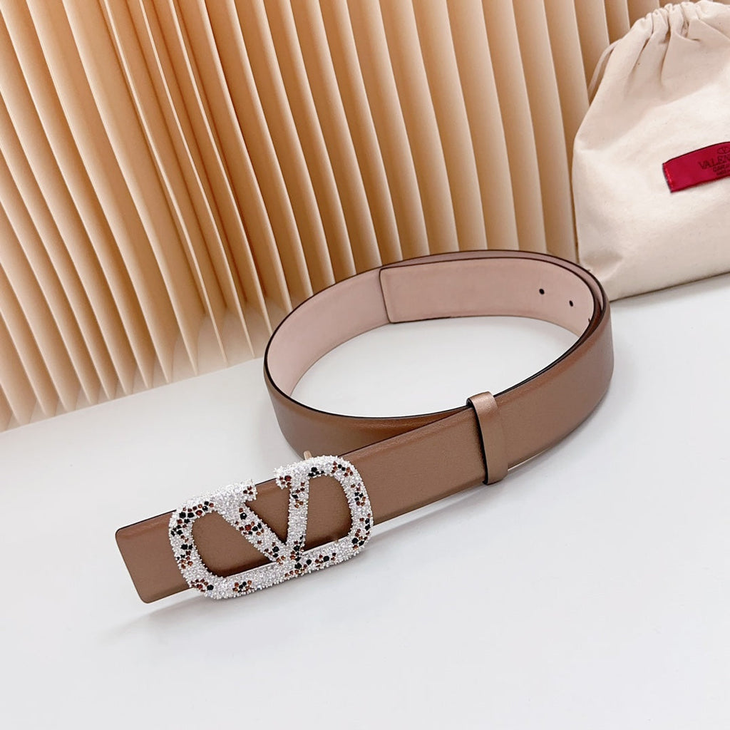 VALENTINO Vlogo Brown Black White Stone Silver Buckle Belt 40mm Brown Light Pink Leather