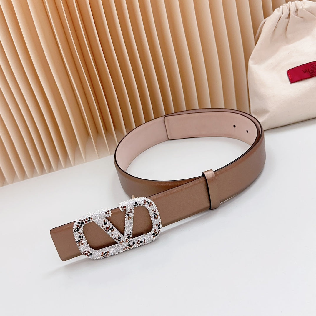 VALENTINO Vlogo Brown Black White Stone Silver Buckle Belt 40mm Brown Light Pink Leather